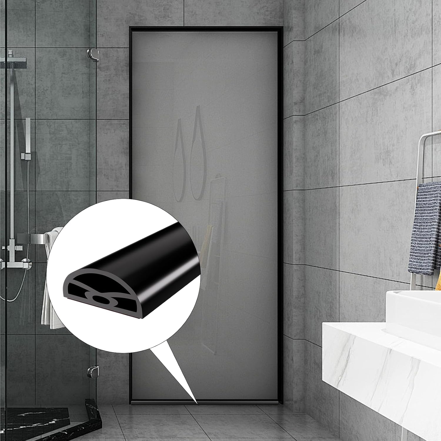 118” Black Shower Threshold Water Dam Stopper for Dry and Wet Separation,Self Adhesive Collapsible Walk in Shower Splash Guard Seal Strip, Silicone Sink Edge Water Barrier for Bathroom and Kitchen