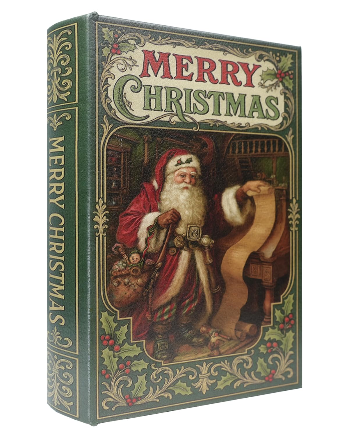 XIAOAIKA Christmas Decorative Wooden Book Box, Vintage Faux Book Boxes with Leather Cover, Secret Storage with Magnetic Closure, Holiday Gift Box for Home Office Bookshelf Decor (1 x Christmas H)