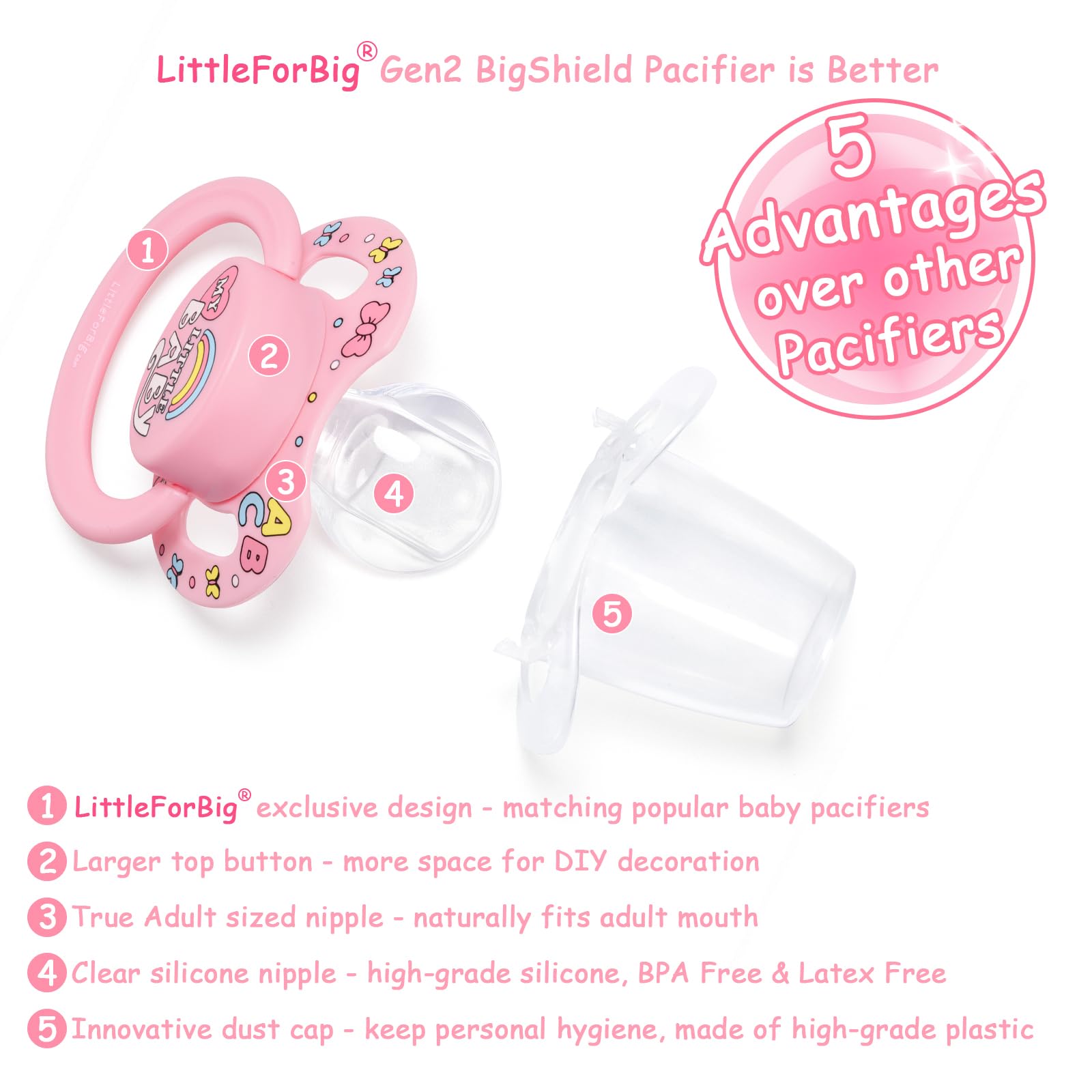 LittleForBig Bigshield Generation-II Adult Sized Printed Pacifier Set My Little Baby Pattern 3-Pack, Blue/Pink/White - Image 2