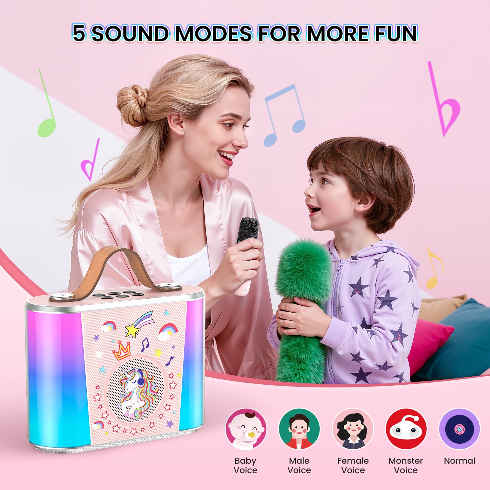 PKBD Karaoke Machine for Kids with 2 Wireless Microphone,Mini Portable Karaoke Bluetooth Speaker with Voice Changing Effects & LED Lights,Gifts for Girls Boys Age 3-15(Pink) - Image 4