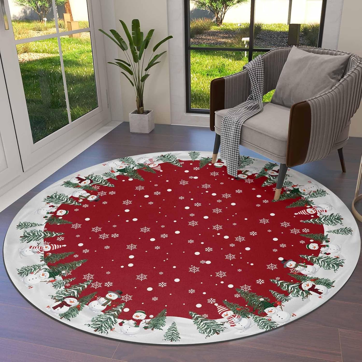 Christmas Red Round Area Rug 4ft,Washable Outdoor Indoor