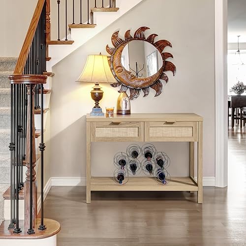 Miniatura 7 de SICOTAS Mesa consola de ratán para entrada, mesa de entrada bohemia con almacenamiento y cajones, mesa de entrada pequeña de madera para pasillo