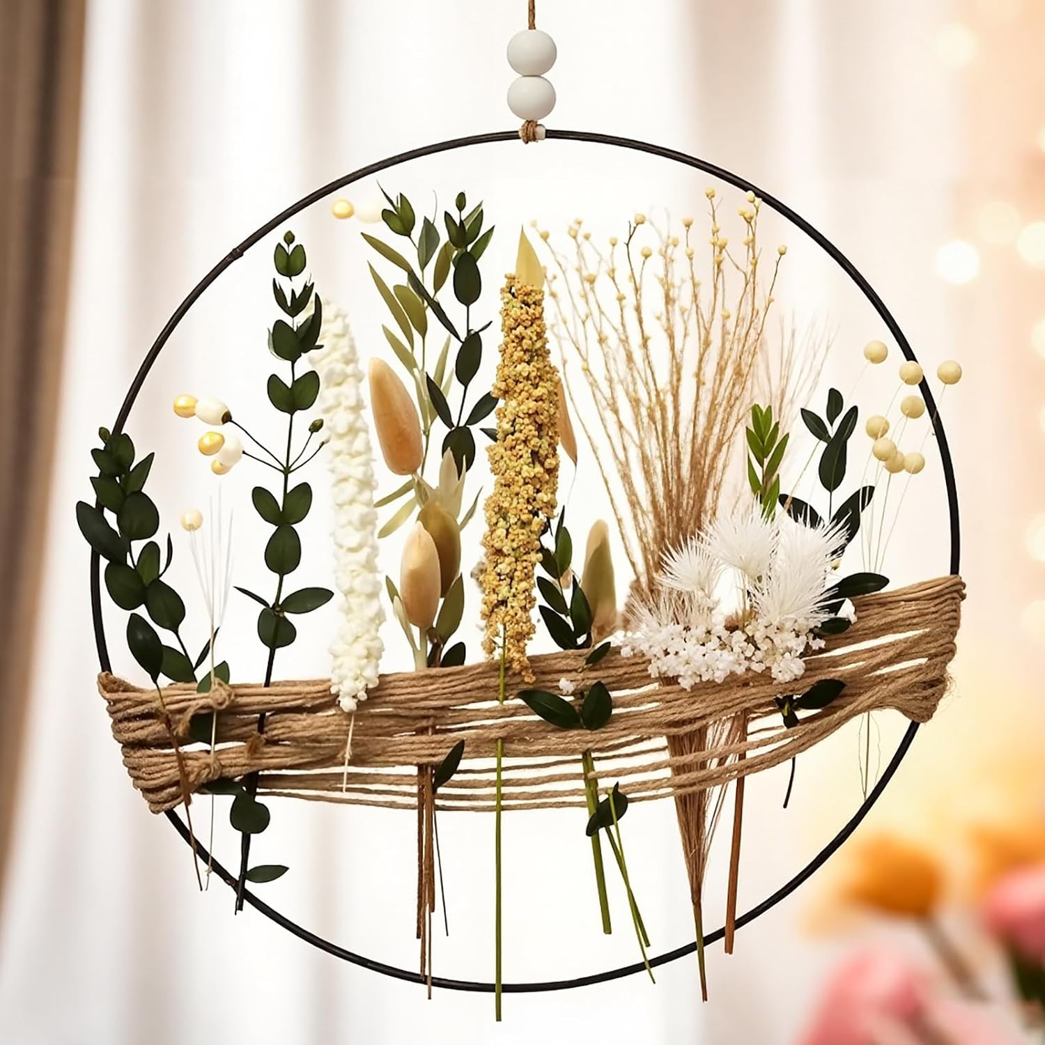 Yuntau 13.78 Inch Boho Flower Wreath Wall Decor Bohemian Macrame Wall Hanging Rustic Farmhouse Decor Dried Flower Wreath Metal Ring Floral Garland for Front Door Window Home Room(Classic)