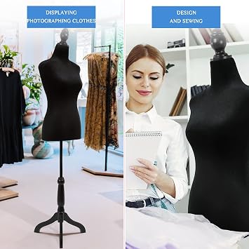 Female Mannequin Body with Wooden Tripod Stand, 50-63 Inch, Portable and Adjustable Dress Form for Sewing, Clothing Display, Photographing, Black