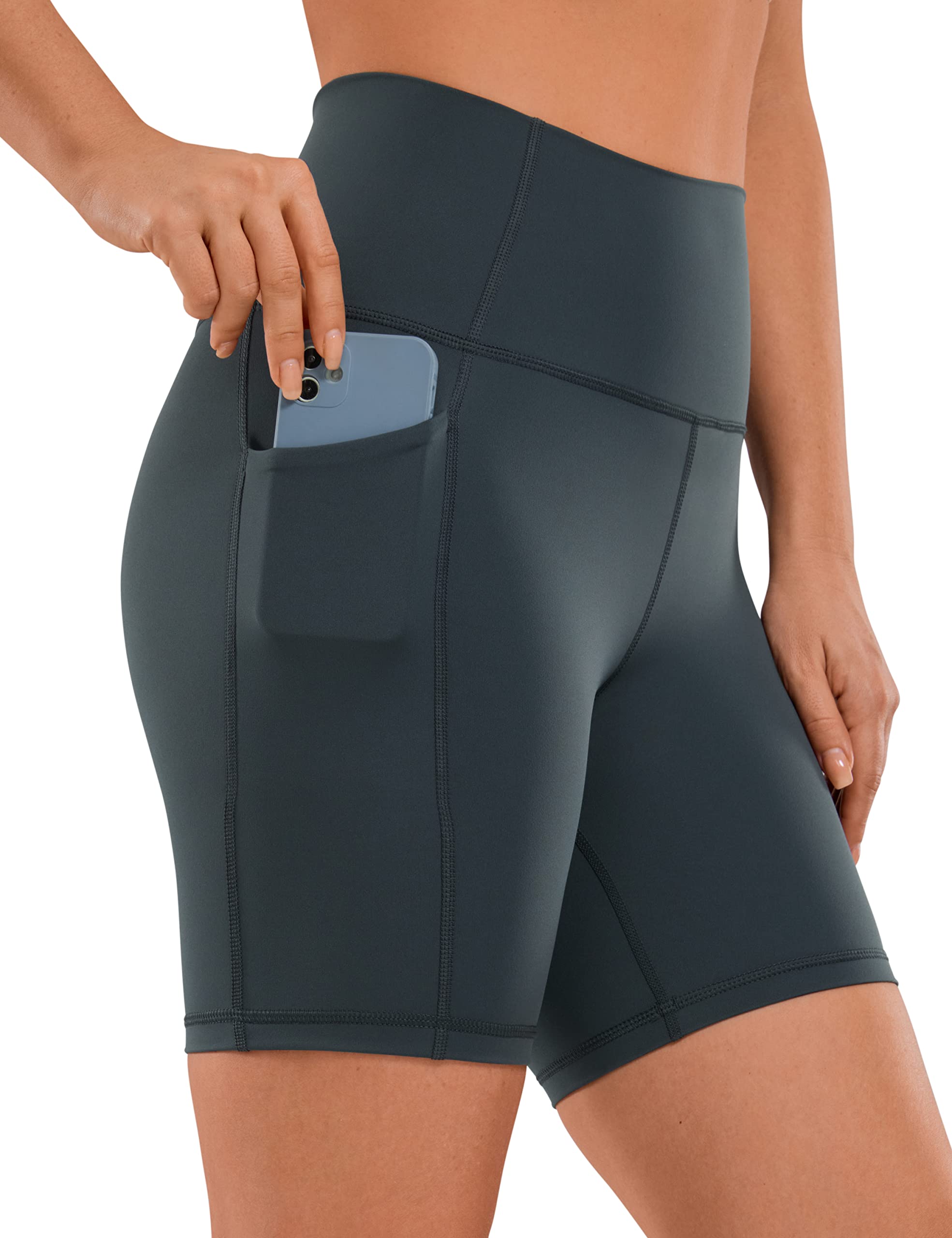 CRZ YOGA Women's Naked Feeling 6'' Yoga Shorts with Pockets - High Waisted Gym Cycling Fitness Shorts Melanite 16