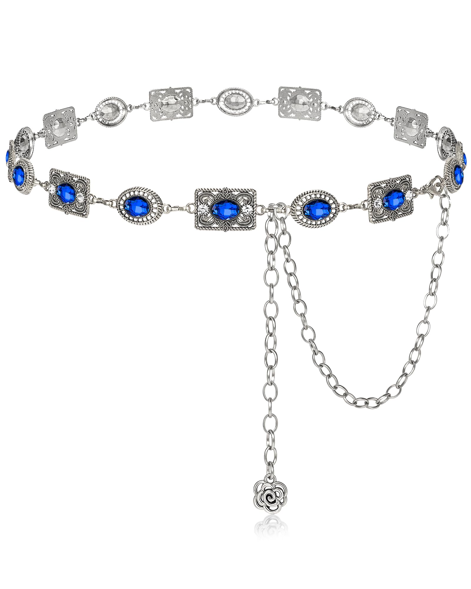Women Western Concho Chain Belt Vintage Rhinestone Gems Boho Metal Waist Chain Jeans Dress Daily Concert Halloween