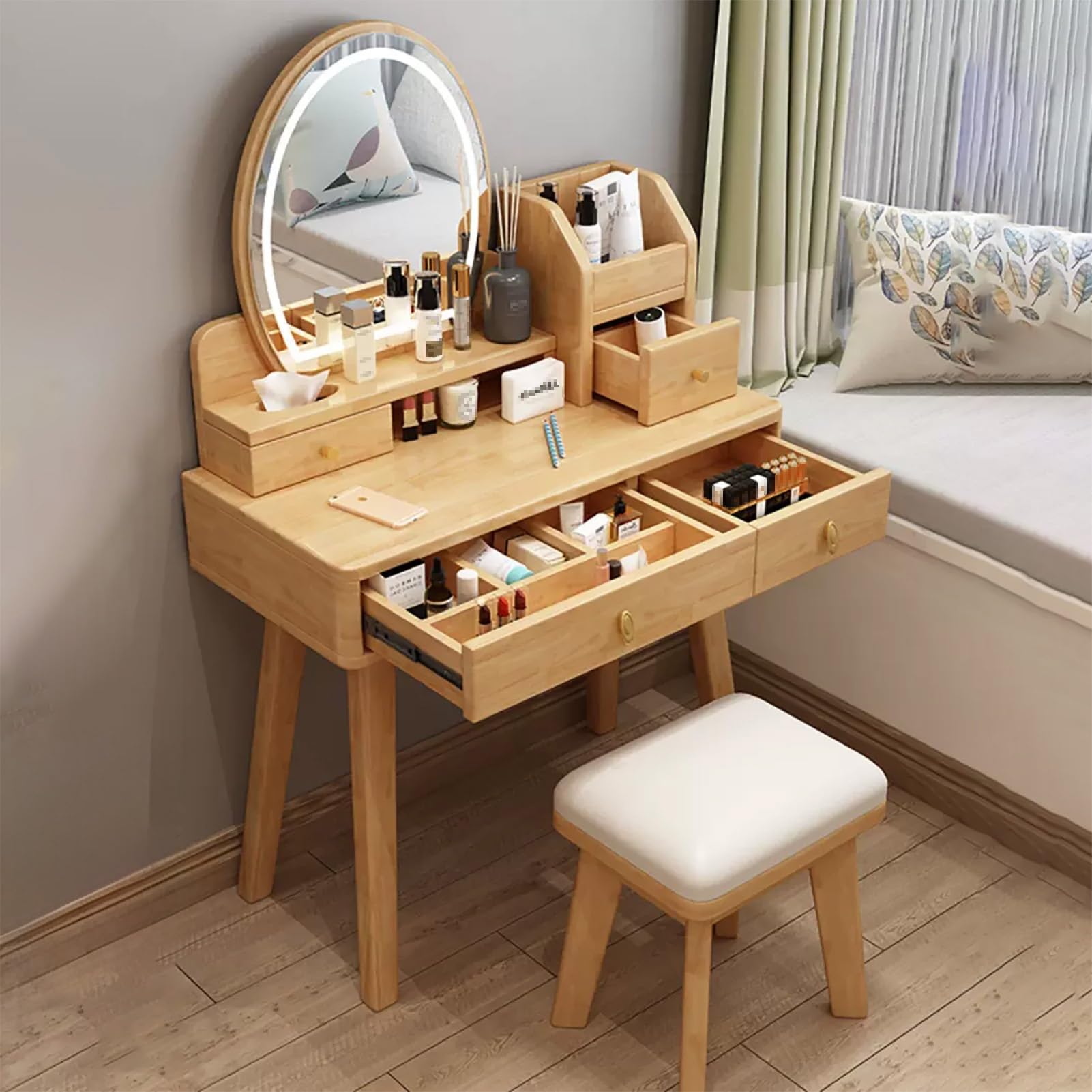 asdchZen Brown Makeup Vanity Set With Lights, Wood Dressing Table, Desktop Storage Rack, Upholstered Stool, Stylish Women'S Vanity Table For Bedroom, Functional Makeup Station,Natural