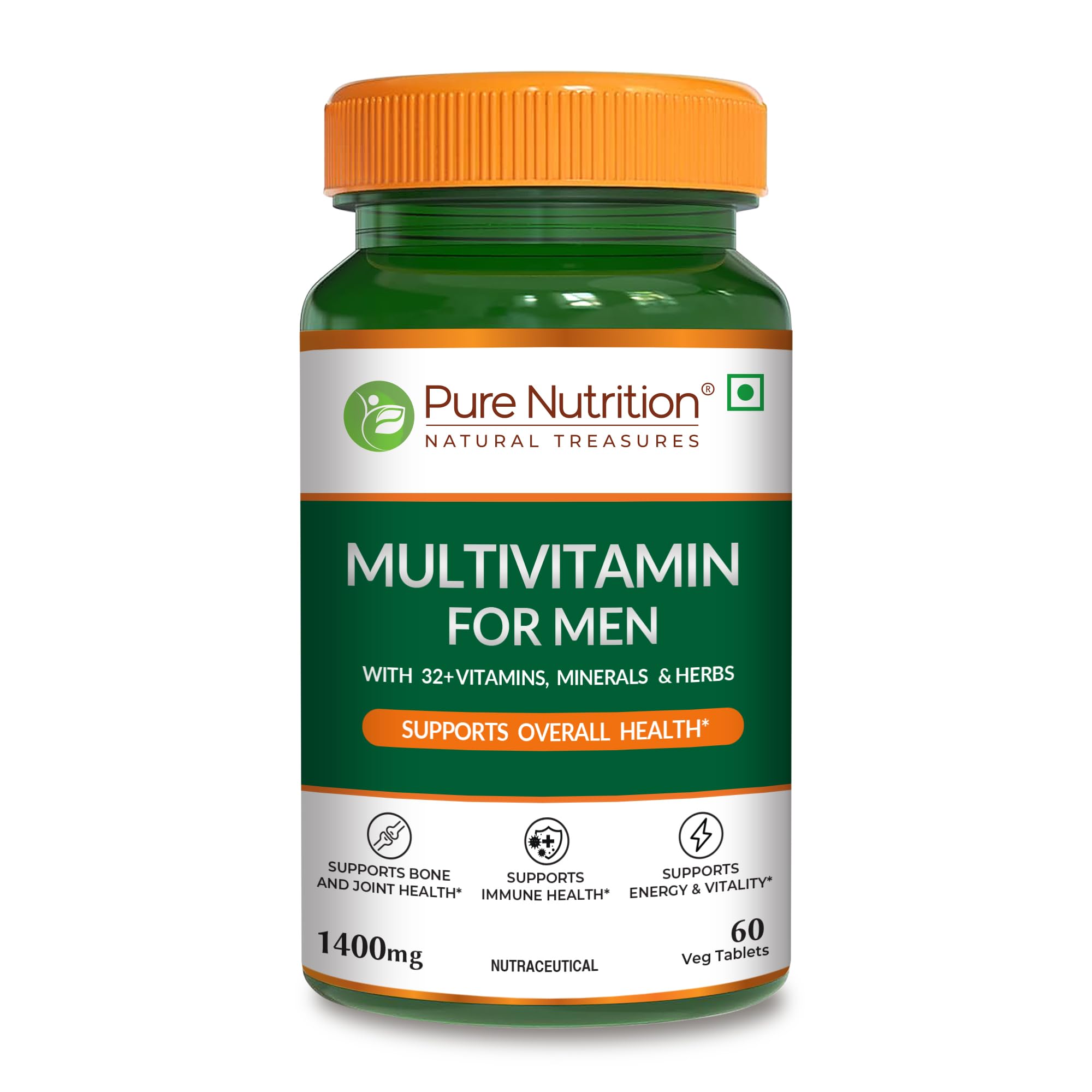 Pure Nutrition Multivitamin for Men (1400mg), 60 Veg Tablets, with Biotin, Iron, Alfa Alfa, Moringa, Ginseng, Fenugreek & Green Tea | Supports Immunity, Energy, Stamina, Bone & Overall Health
