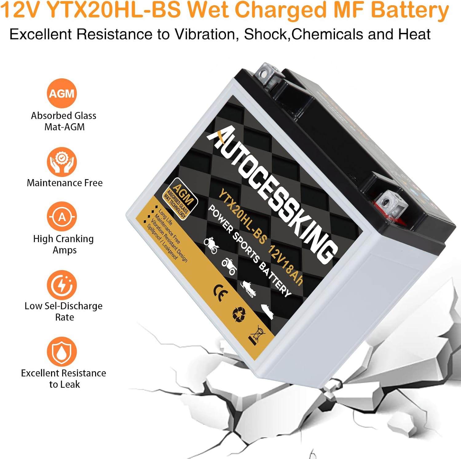 Autocessking YTX20HL-BS Motorcycle Battery, 12V 18AH Rechargeable Maintenance Free Sealed AGM Battery Powersport Replacement Battery for ATV and Scooter