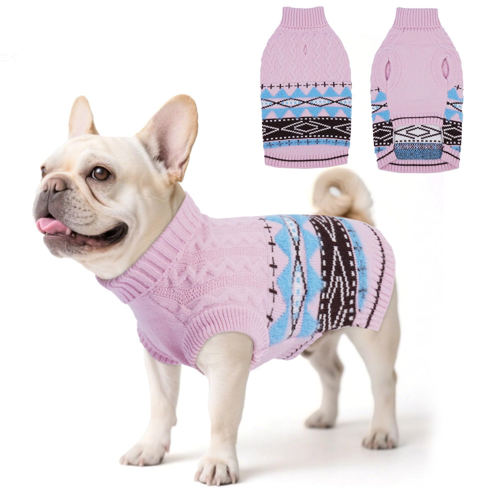 Hjumarayan Fair Isle Dog Jumper - Winter Knit Sweater with Harness Hole Stretchy Easy On/Off Christmas Jumper for Small Medium Dogs(2–54LB), Warm French Bulldog Clothes Pink L — image 1