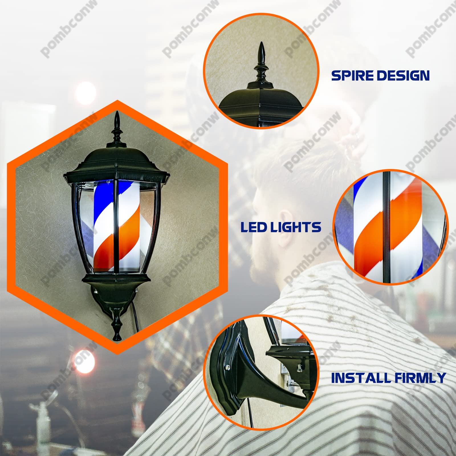 Poste de barbero LED para interiores y exteriores, resistente al agua, giratorio, peluquería, peluquería, cartel abierto, estilo clásico, tiras rojas y blancas, montaje en pared, ahorro de energía (B