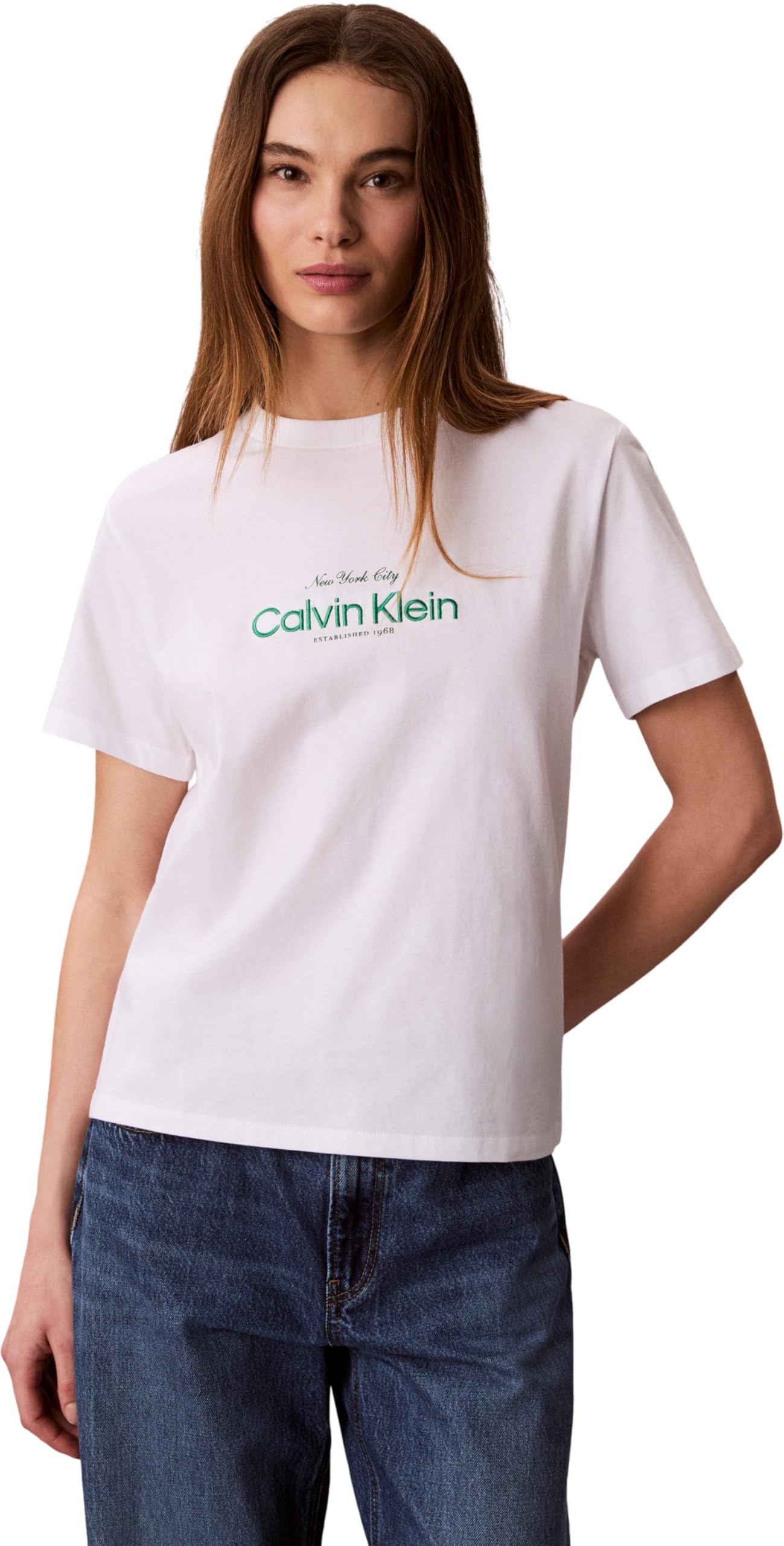 Calvin Klein Women's Ss Classic Ck NYC Logo Tee LV047F810G Graphic Tees, White, M