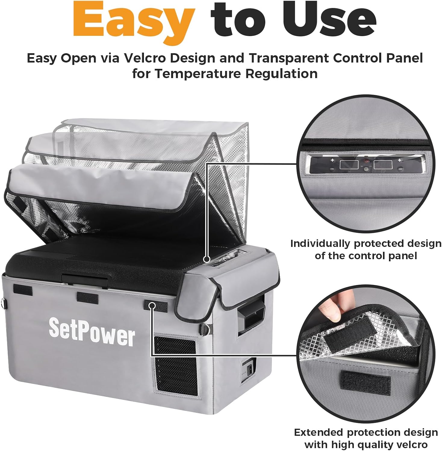 Diagram, der viser de tre beskyttelseslag til køleskabsdækslet: 420D sølvgråt stof, 6 mm perlemorbomuld og galvaniseret aluminium.