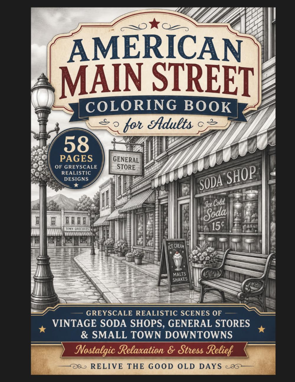 American Main Street Coloring Book for Adults: Greyscale Realistic Scenes of Vintage Shops & Small Town Downtowns | Nostalgic Relaxation & Stress ... Classic Americana (Pre-Shaded Coloring Fun)