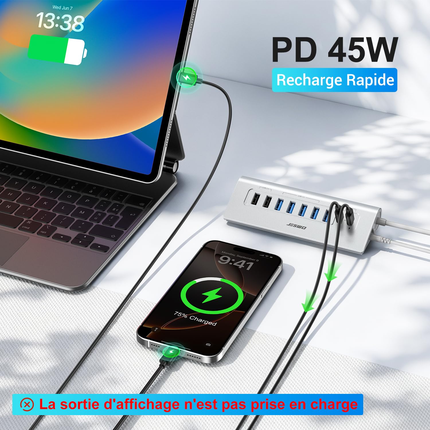JESWO 65W Hub USB C Alimenté 9 Ports(USB A+C) Aluminium Hub USB 3.2 10Gbps
