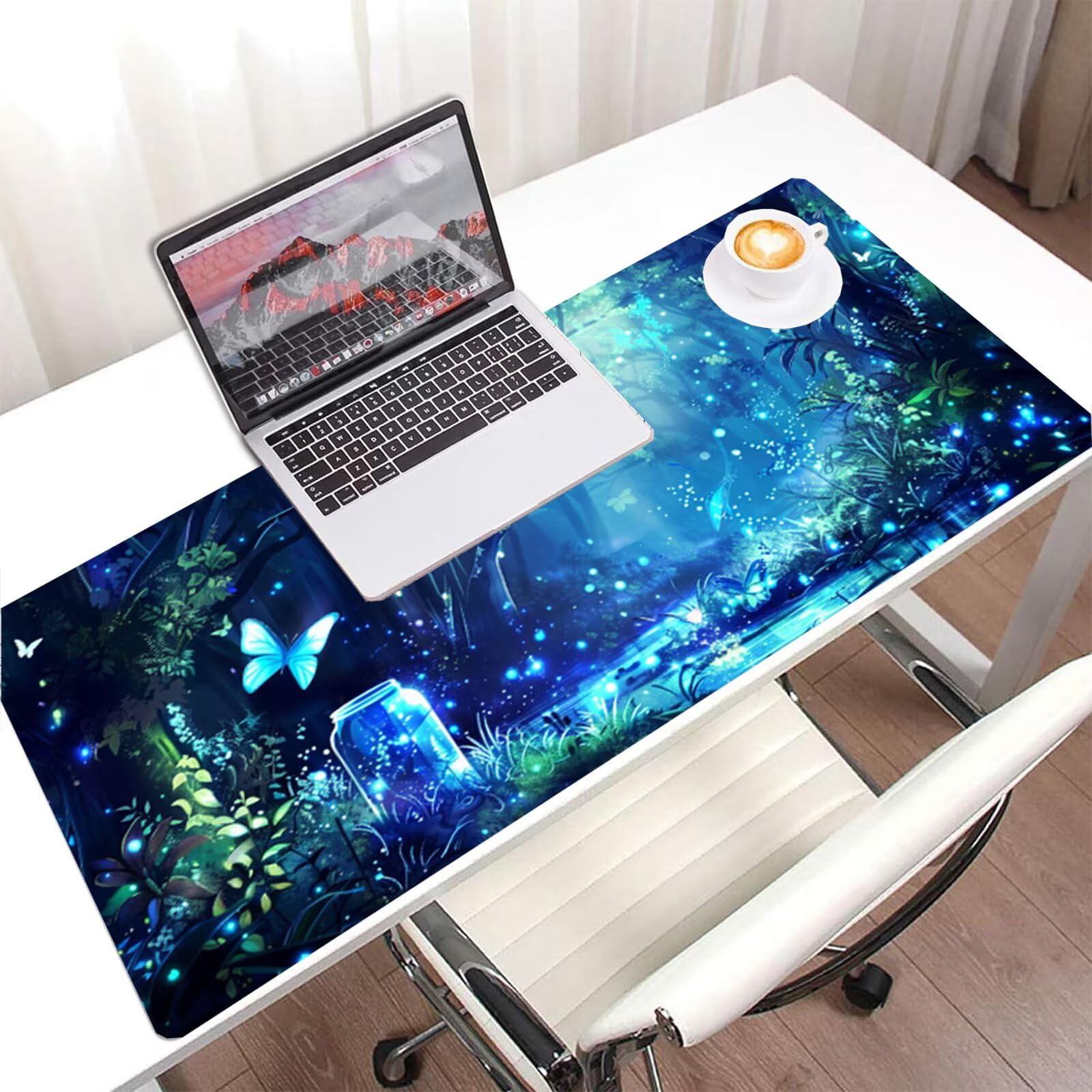 Niebieska podkładka pod mysz XXL 1000x400, podkładka pod mysz pod biurko las wodoodporna podkładka, mysz z antypoślizgową podstawą, pod ręką szyte krawędzie, akcesoria do gier, prezent męski H2-578