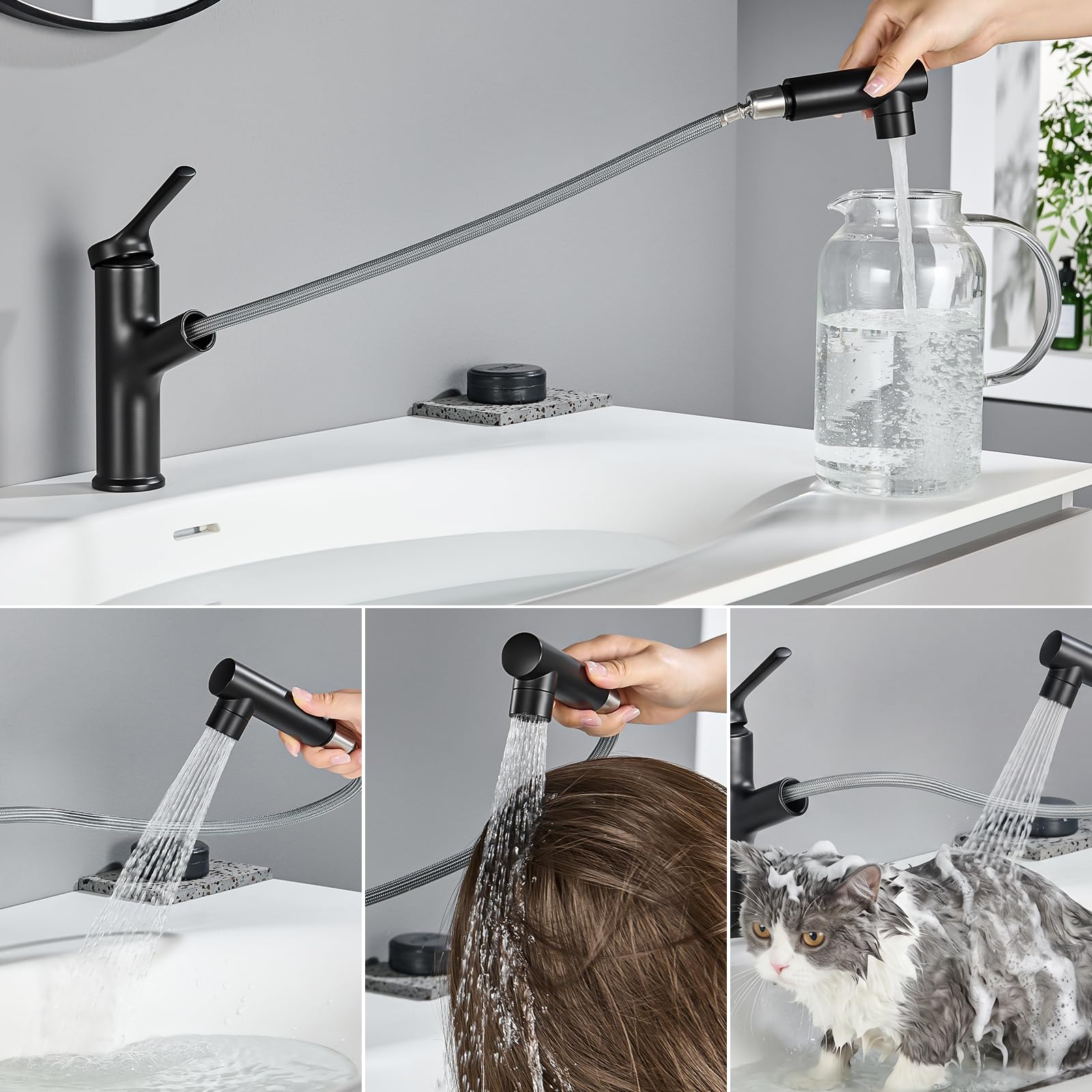 CECIPA Rubinetto Bagno Lavabo Nero con Doccia Estraibile lavaggio capelli | Miscelatore Lavabo Bagno 2 Modalità Getto, Rubinetto ad Alta Pressione per Lavandino Bagno,Nero