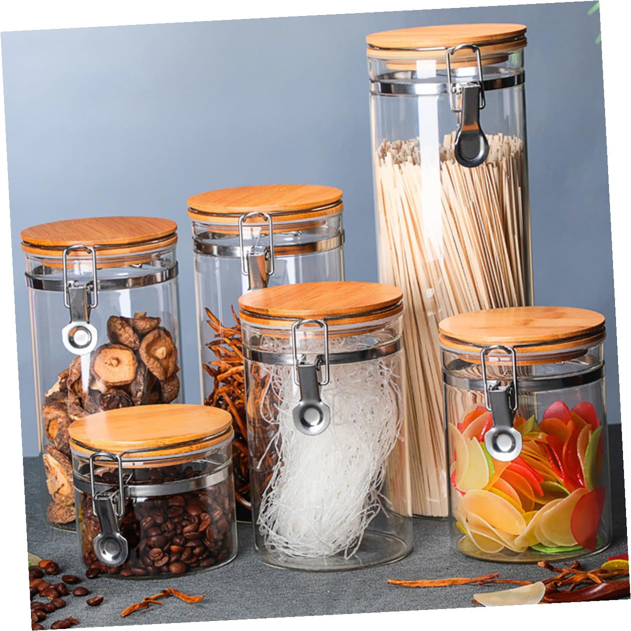 POPETPOP Tarros Herméticos para Almacenamiento de Harina y Alimentos de Vidrio y Acero Inoxidable Tapa de Madera Set de 2 Diseño Claro y Estructura Estable en Cocina