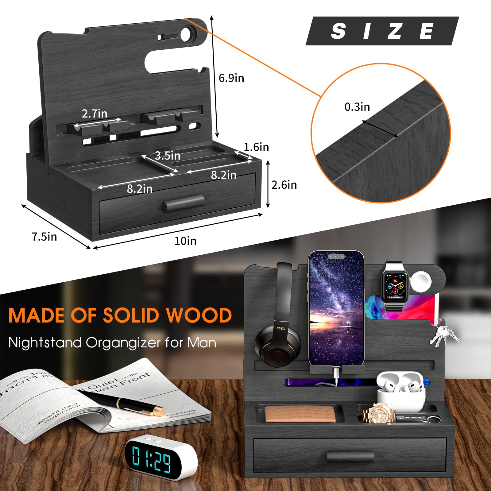 Sephyroth Docking station per telefono in legno con cassetto, organizer multifunzionale per telefoni, tablet e accessori, per uomini, padri, fidanzati (nero)