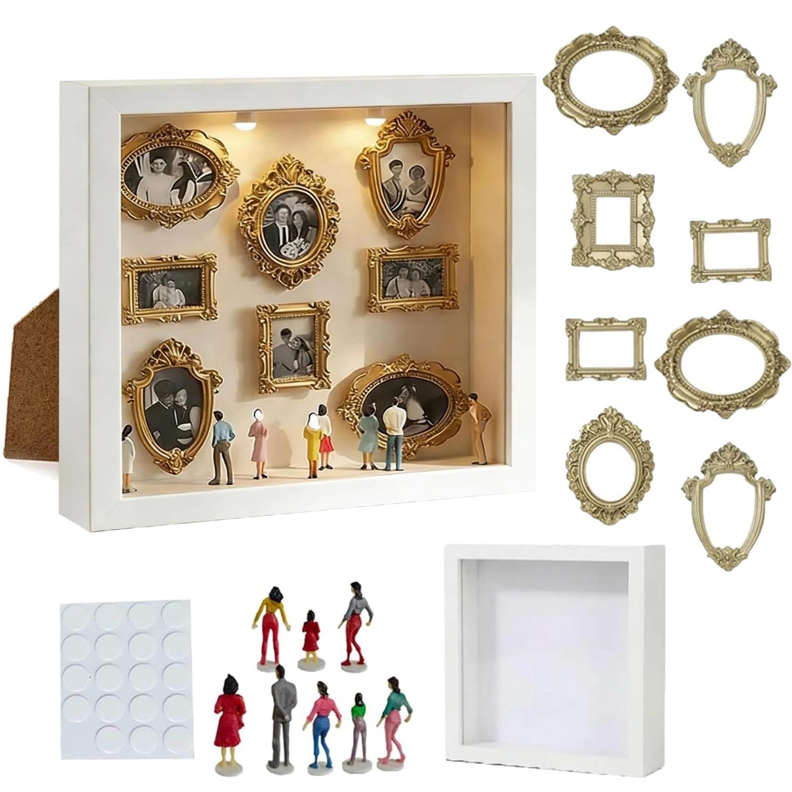 Aoisyesbig DIY-Mini-Museums-Silhouettenbox Foto-Erinnerungsset:Bilderrahmen mit LED-Licht, 8 Mini-Goldrahmen 8 Figuren, Jubiläum, Hochzeit, Wohndekoration