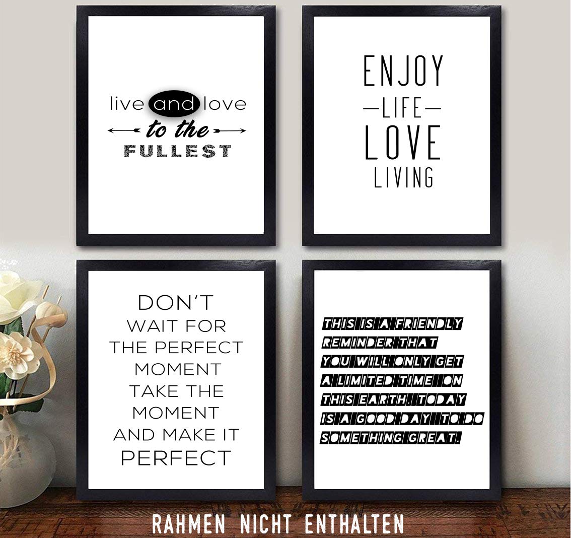 Hometastic Set van 4 premium posters | afbeeldingen voor woonkamer en slaapkamer | muurschildering, kunstdruk met spreuk in zwart-wit zonder fotolijst | decoratie | modern | DIN A4 | (Set 3