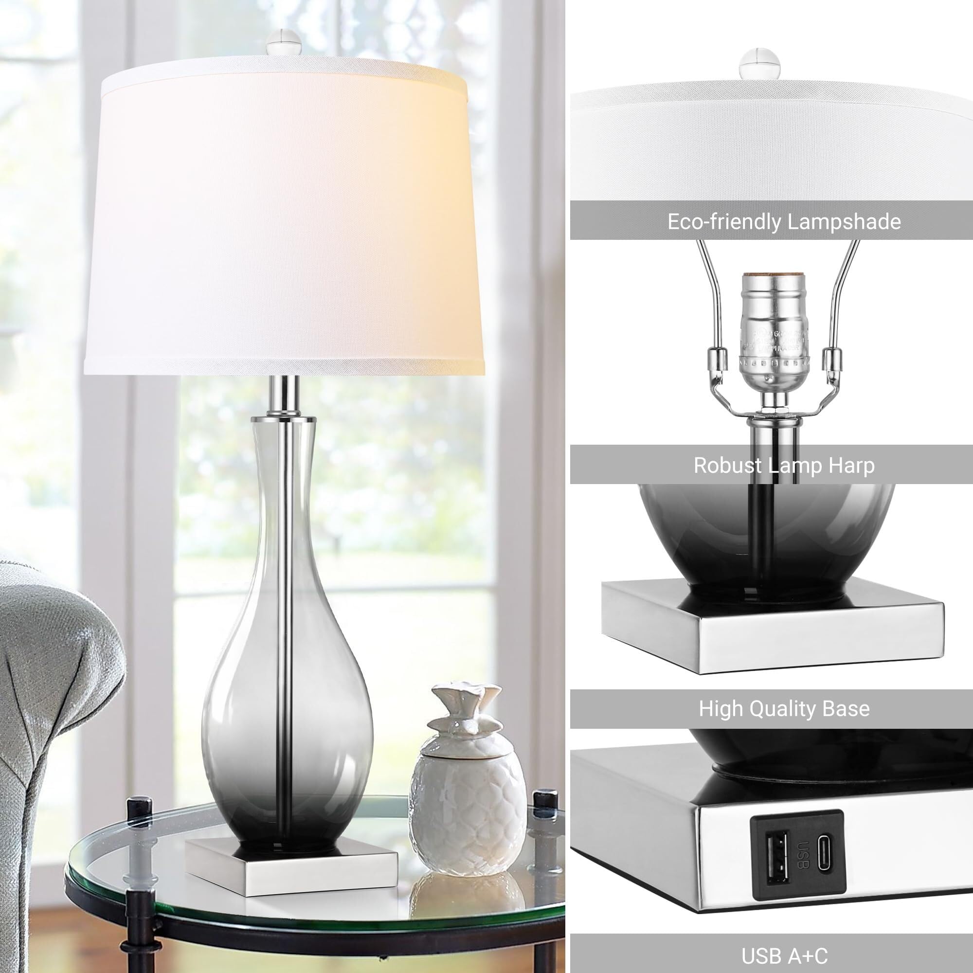 CCXXYGWJ Lampada da Tavolo in Vetro da 27" con Controllo Touch, Confezione da 2, Doppie Porte di Ricarica, Decorazione per Comodino, Adatta per Soggiorno, dormitorio, Ufficio (Verde)
