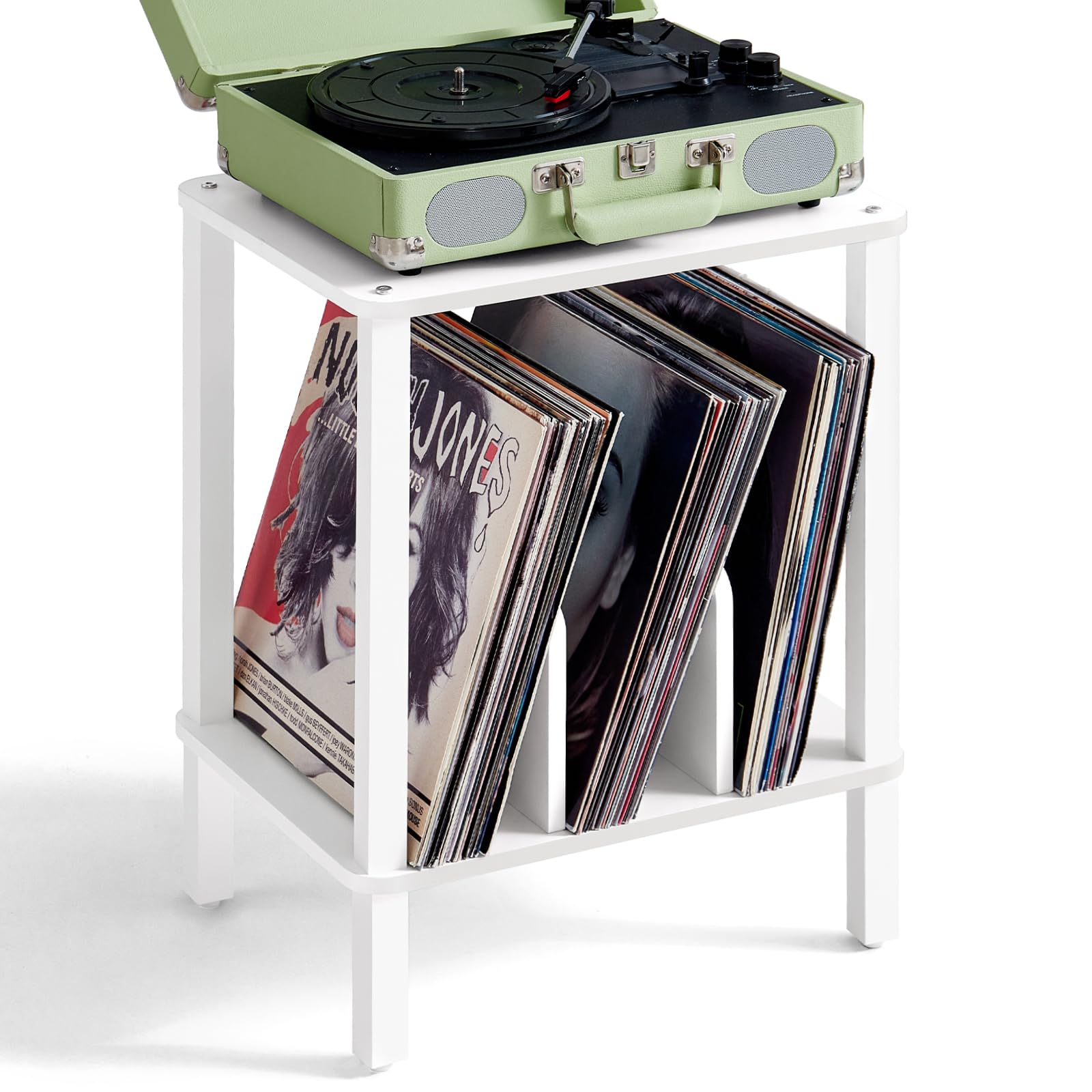 LELELINKY 2-Tier Record Player Stand with Vinyl Record Storage up to 100 Albums, Bedroom Record Holder and Multi-Functional End Table for Living Room,