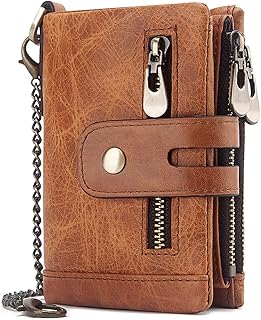 Mens Wallet with Chain RFID Blocking Men's Genuine Leather Wallet Bifold Wallet with Credit Card Holder and Zipper Coin Pocket Purse, Brown