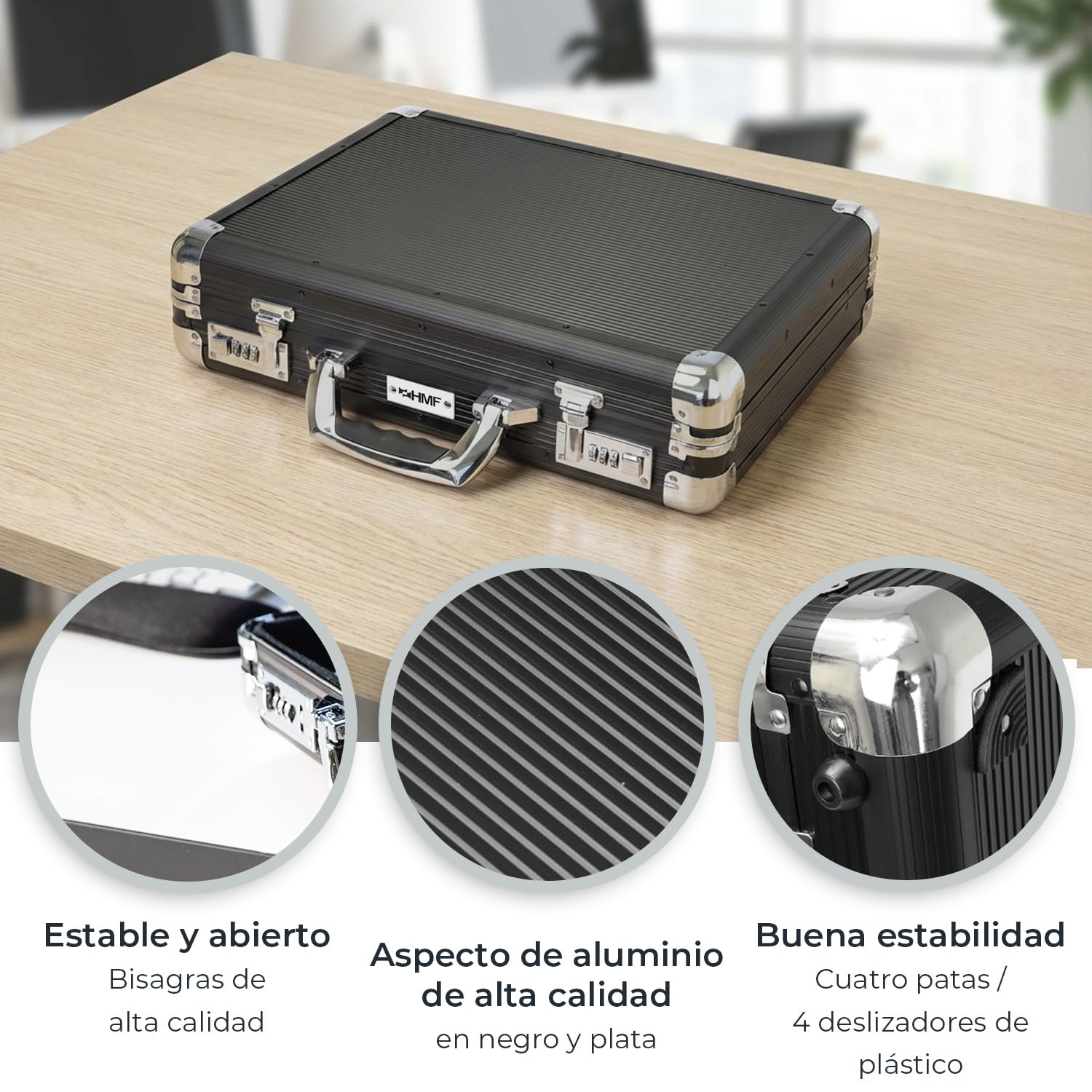 HMF Maletín de aluminio para portátil hasta 17,3 pulgadas, Maletín de negocios con cerradura de combinación, compartimento acolchado y organizador | 45 x 33 x 11 cm | Negro