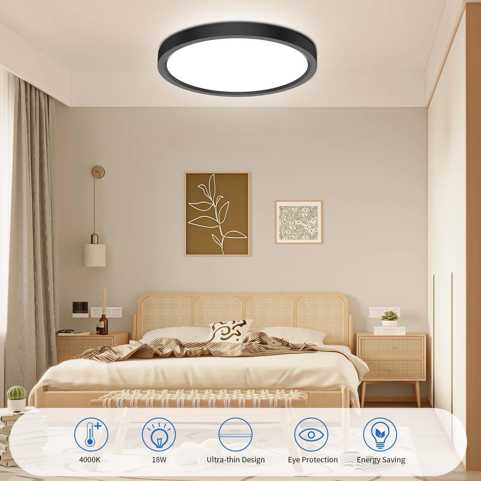 kazazoo Deckenlampe LED Deckenleuchte 18W, 4000K, IP44 Wasserfest Badezimmer Lampe, Ultra Dünn Ø23cm LED Panel, Schwarz Rund Flurlampe Ideal für Bad/Flur/Schlafzimmer/Keller