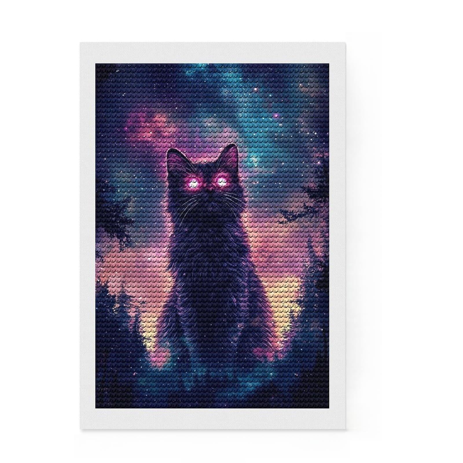Junmoney Cosmic Cat Crystal Diamond Art Kit 8"x12", Easy to Enjoy, Cute Room Decor, with Tool Kit, Artistic Hobby, Vintage Style Decor