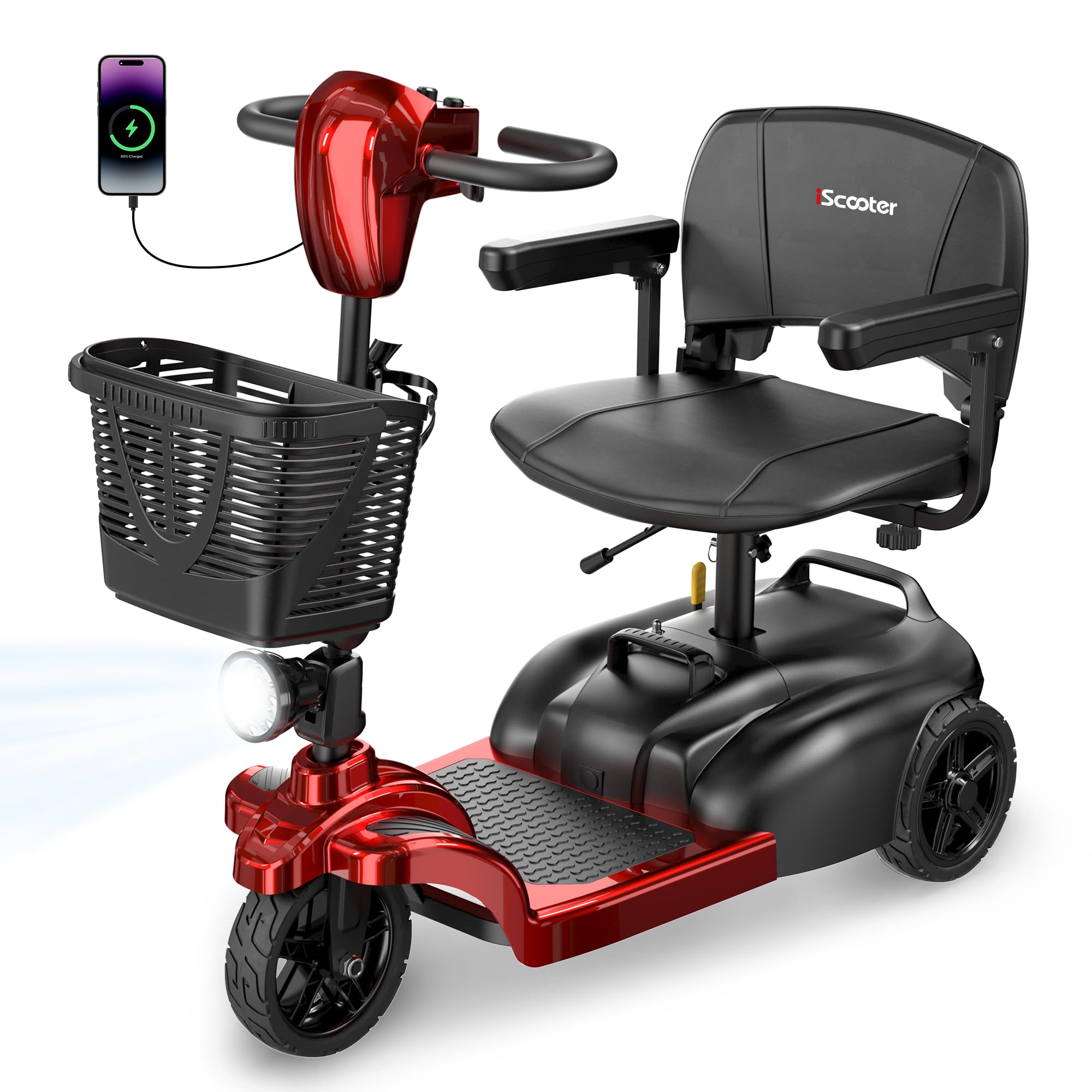 iScooter Mobility Scooter, 3 Wheel Mobility Scooter for Adults & Seniors, Electric Wheelchair Device with LED Headlight, Basket, Cup Holder, Detachable, Extended Battery, Lightweight and Con