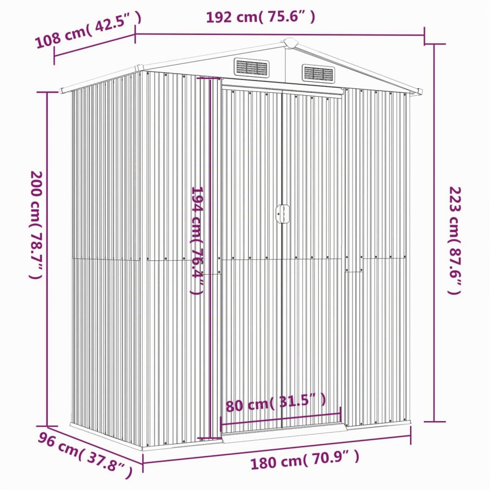 Festnight Cobertizo de Jardín Exterior Caseta de Jardín 192 x 108 x 223 cm Caseta de Jardín Metálica para Almacenamiento de Herramientas con 2 Puertas Correderas y 4 Ventanas para Terraza Gris Claro