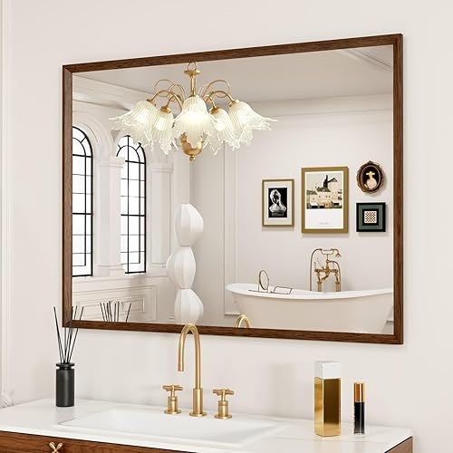 Miniatura 239 de Espejo de baño dorado, 48 x 30 pulgadas, espejo de marco de metal dorado cepillado para pared, espejo rectangular redondeado de tocador de baño