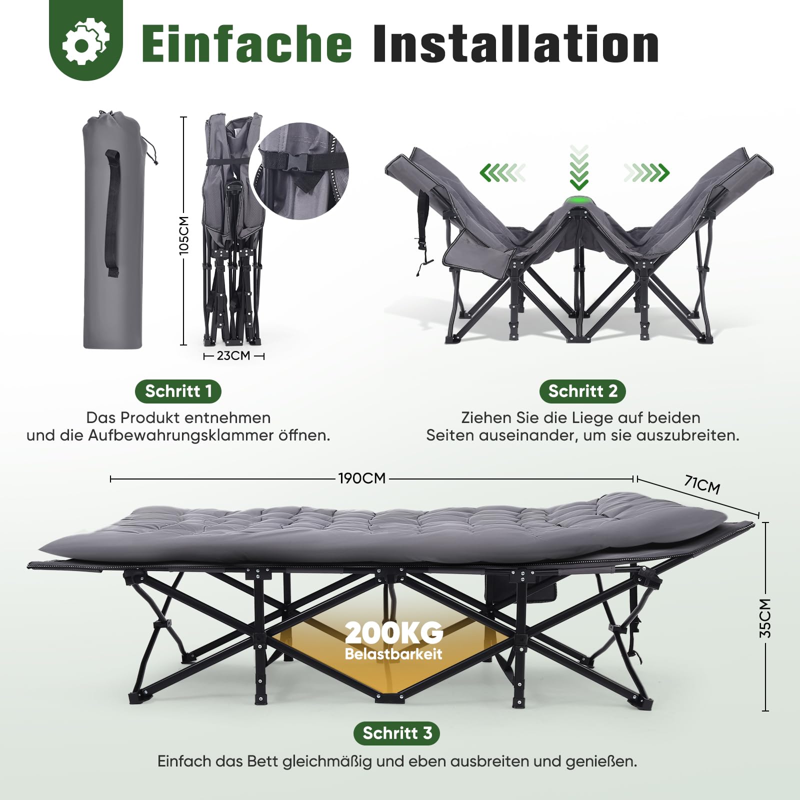 Sekey Feldbett Klappbar XXL, 190 x 71 x 35 cm überbreit, Campingbett inkl. Matratze, verstärkte Stahlrohre und hochwertiges Oxford-Gewebe – ideal als Gästebett für Garten und Camping