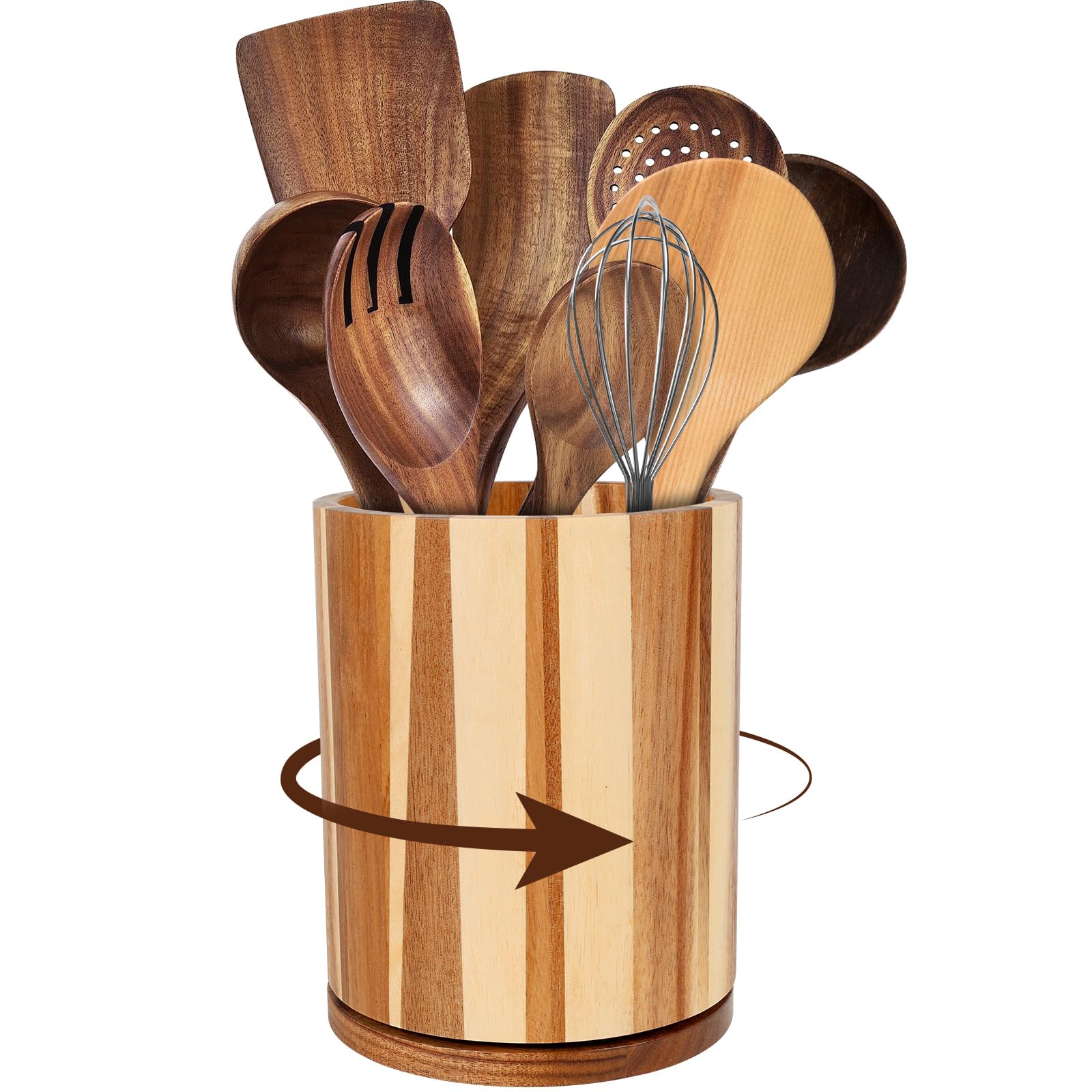 Kuanght Wooden Utensil Holder, 360° Rotating Large Cooking Utensil Holder for Countertop, 7.3x5.9 inch Kitchen Tableware Crock for Kitchen Decor(Brown)