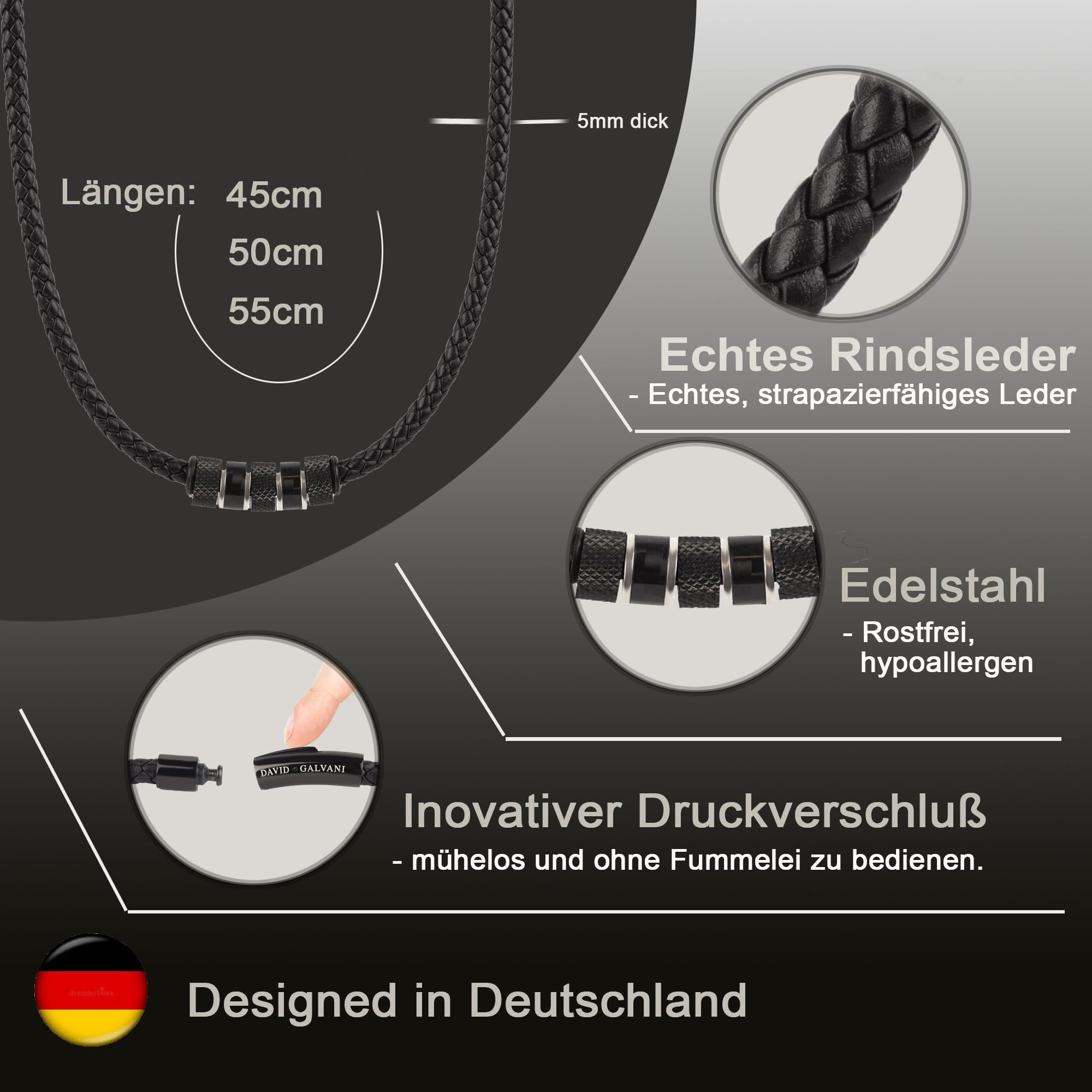 Herren-Kette aus Edelstahl mit Bead-Anhänger, geflochtene Lederkette