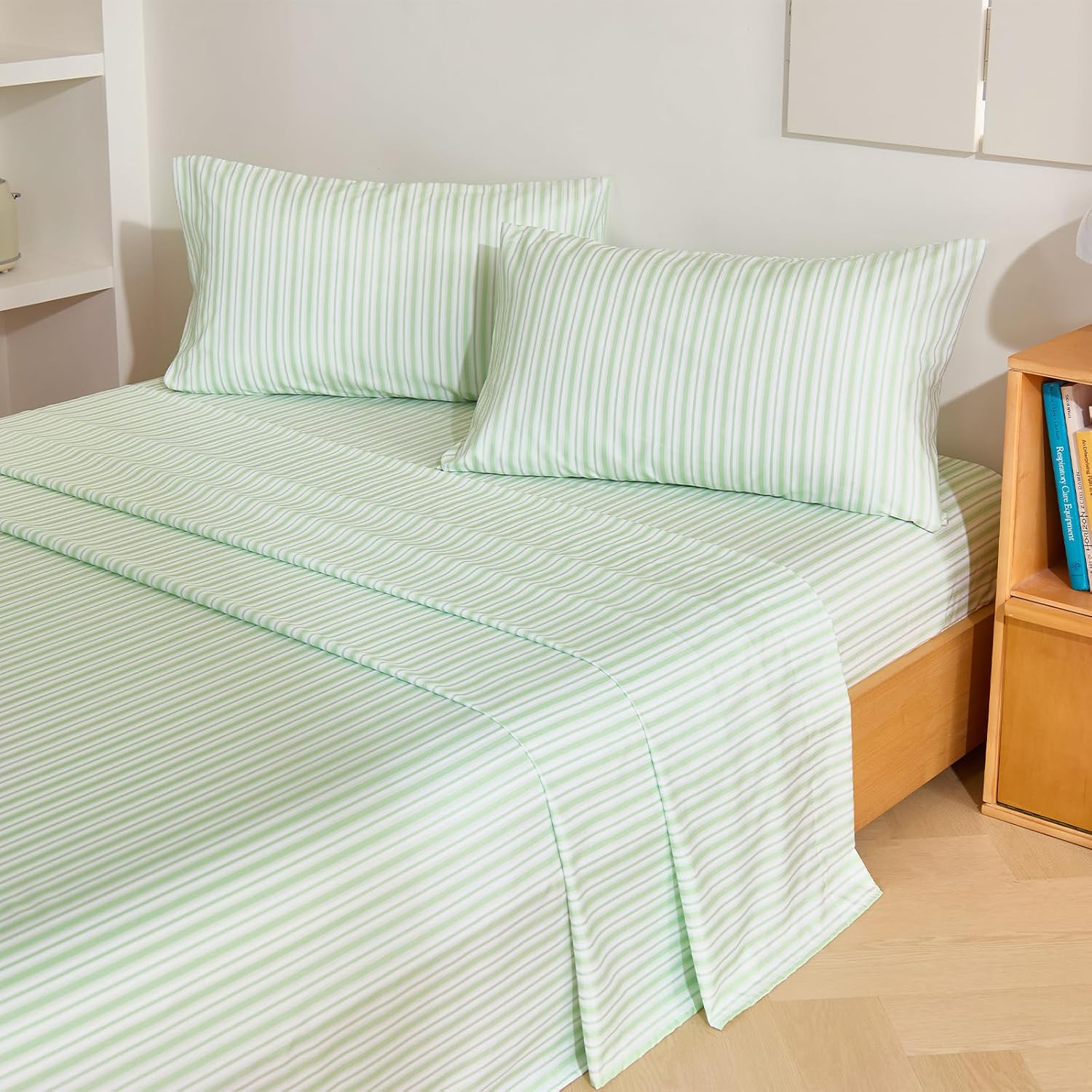 MCO 4Pieces Striped Sheets Set, Breathable Queen Sheet Set with 16" Deep Pocket,Modern & Luxury, Brushed Microfiber Bedding Set(Queen, Green)