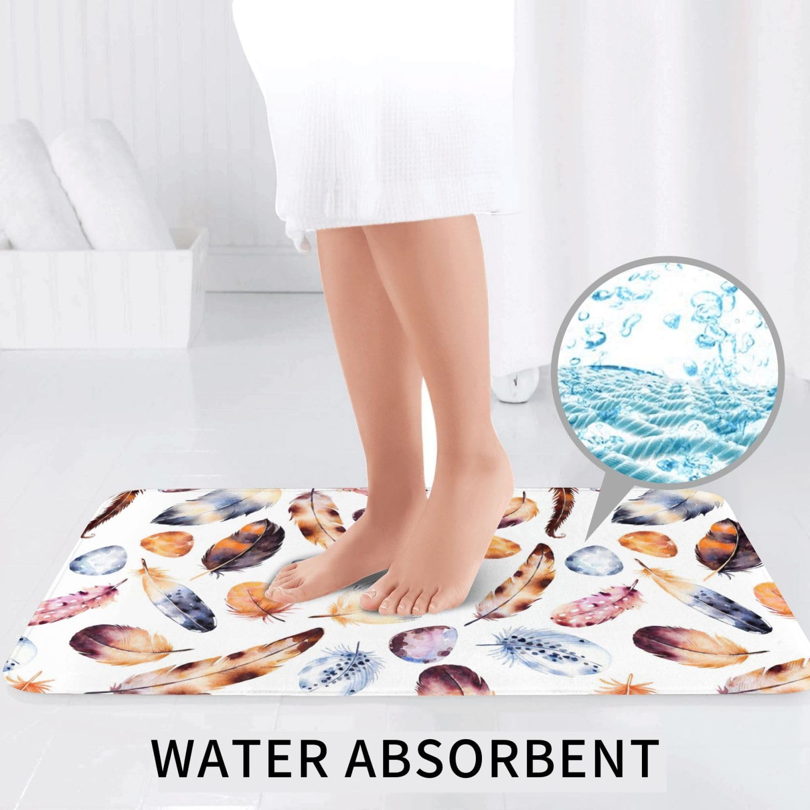 BREAUX Tapis de sol antidérapant imprimé plumes de paon coloré, tapis de sol de salle de bain antidérapant couverture de douche 3 pièces