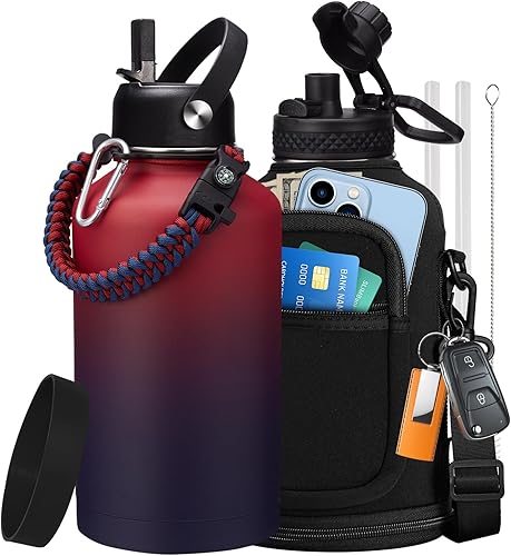 Botellas de agua de acero inoxidable de 64 onzas  Botella de agua de medio galón con tapas con pajilla, jarra de agua reutilizable aislada al vacío