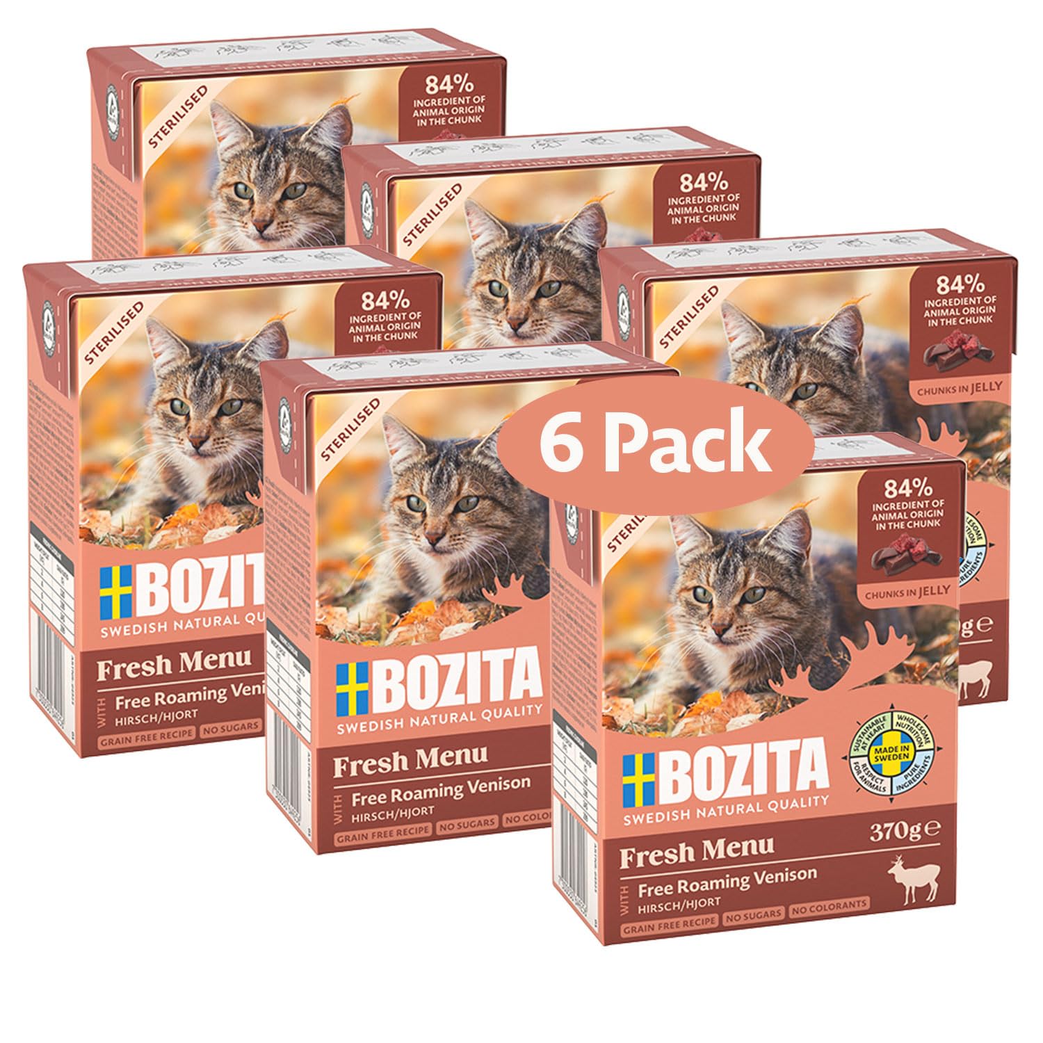 Bozita Tetra Sterilised Häppchen in Gelee mit Hirsch – 6x370g getreidefreies, zuckerfreies Nassfutter für Katzen – ohne Gentechnik, mit 7,5% Protein & 5% Fett – hochwertig & besonders schmackhaft