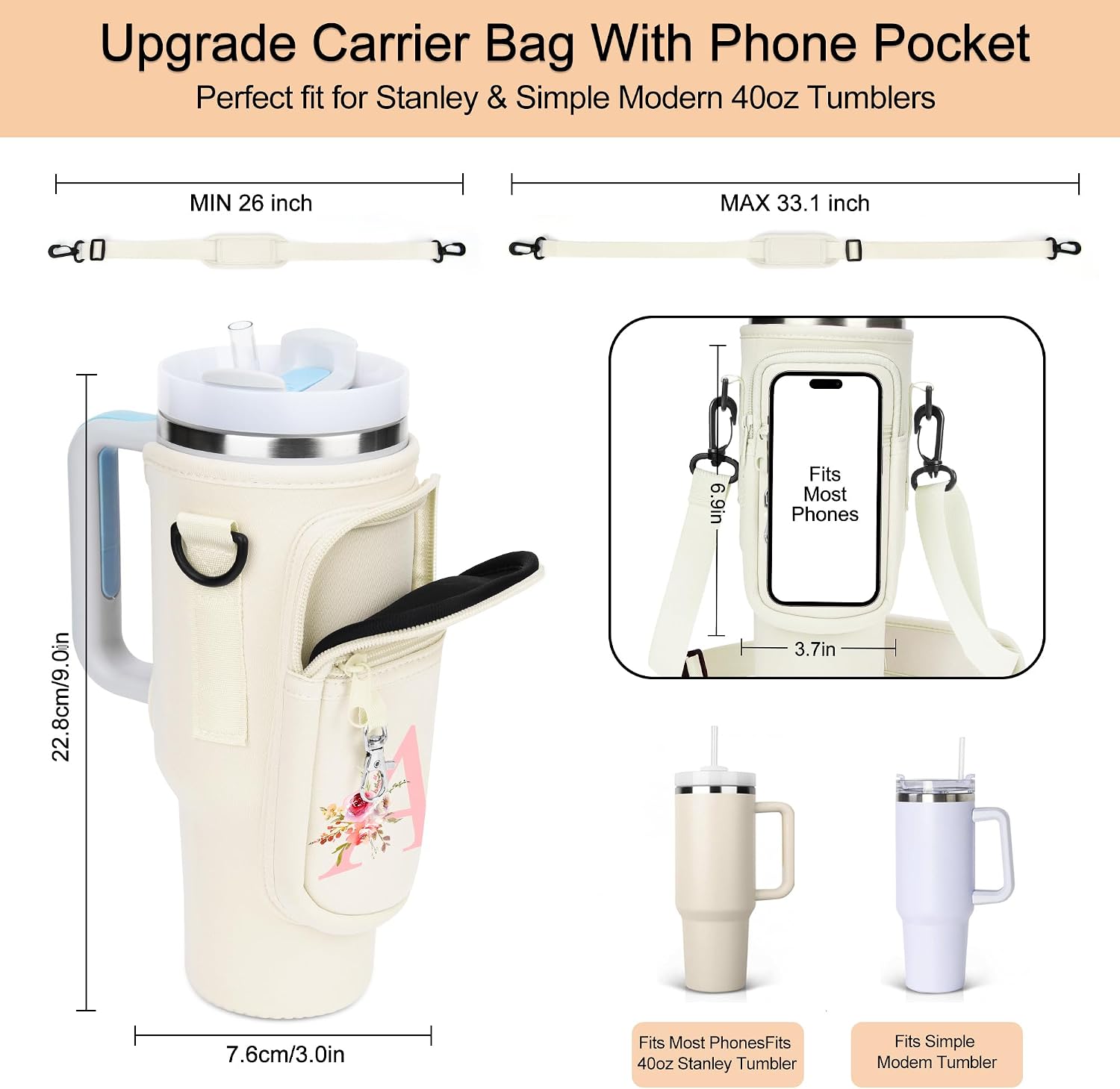 Initial Water Bottle Holder with Strap for Stanley Cup Accessories 40 oz/Simple Modern Tumbler, Birthdays for Women Girls, Water Bottle Carrier Bag with Phone Pocket,Hiking Walking Gym Camping image 5