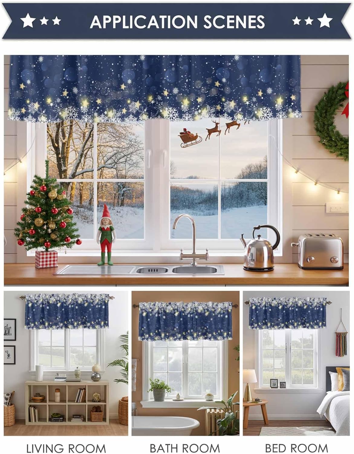 Navy Blue Snowflake Christmas Curtain Valances for Windows, Yellow Xmas Star Kitchen Valance Window Treatments 2 Pack, Winter Snowflake Short Curtains for Bathroom Bedroom 54x18 Inch