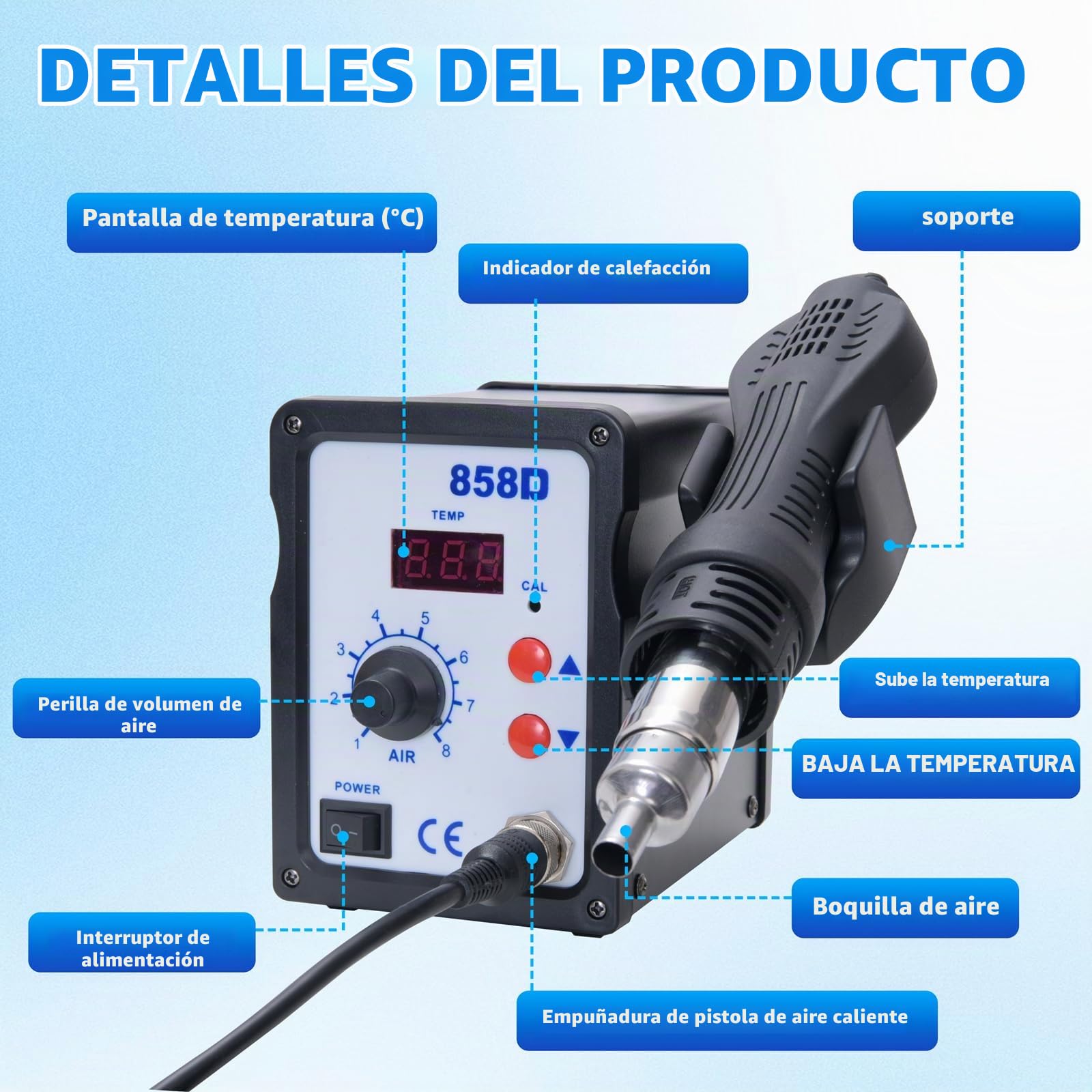 Estación de Soldadura de Aire Caliente 858D, Estación de Desoldadura 700 W con 3 Boquillas, Pantalla Digital de 100-450 °C, Hot Air Soldering Station para Soldadura y Desoldadura SMD