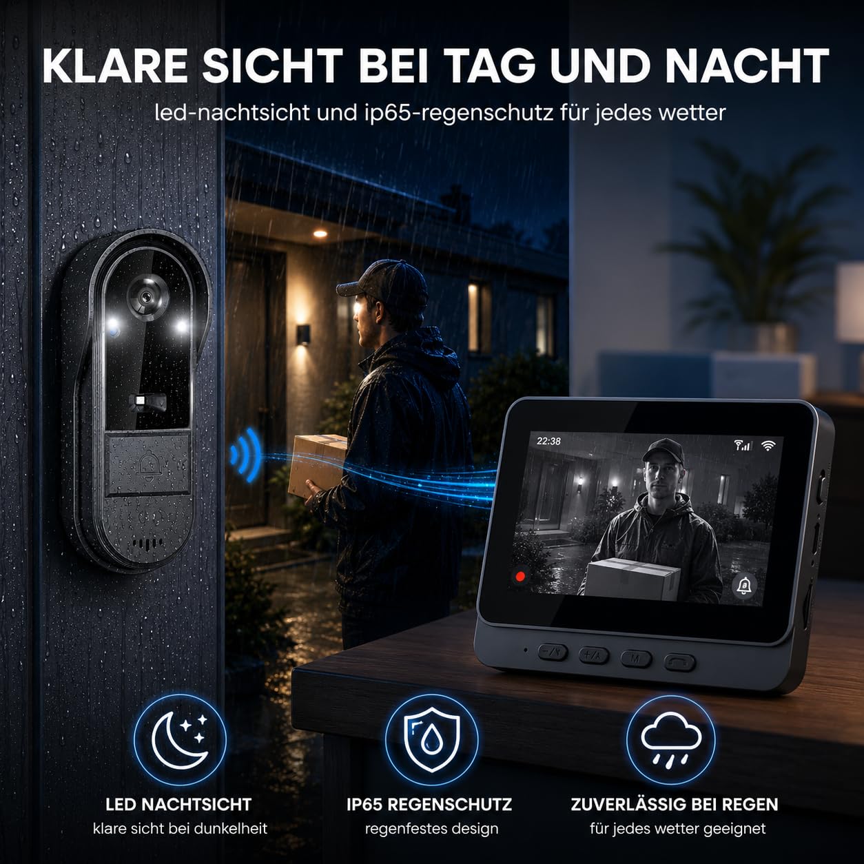 Zeerkeer Funkklingel mit Kamera Türklingel mit Kamera 2.4g Video Türklingel Kabellos mit Video-Zwei-Wege-Sprechanlage, 170 ° Großer Weitwinkel, Erfassung, Echtzeit-Ansicht, Regenfest