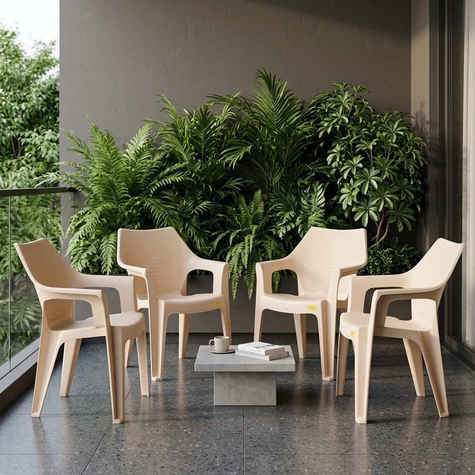 Image of Patiofy Plastic Chair for Home & Outdoor Use | Heavy Duty Comfortable Chair with Strong Legs | Stackable, Easy to Clean | Suitable for Living Room, Balcony, Patio Pack of 4 (Oxford Cream)