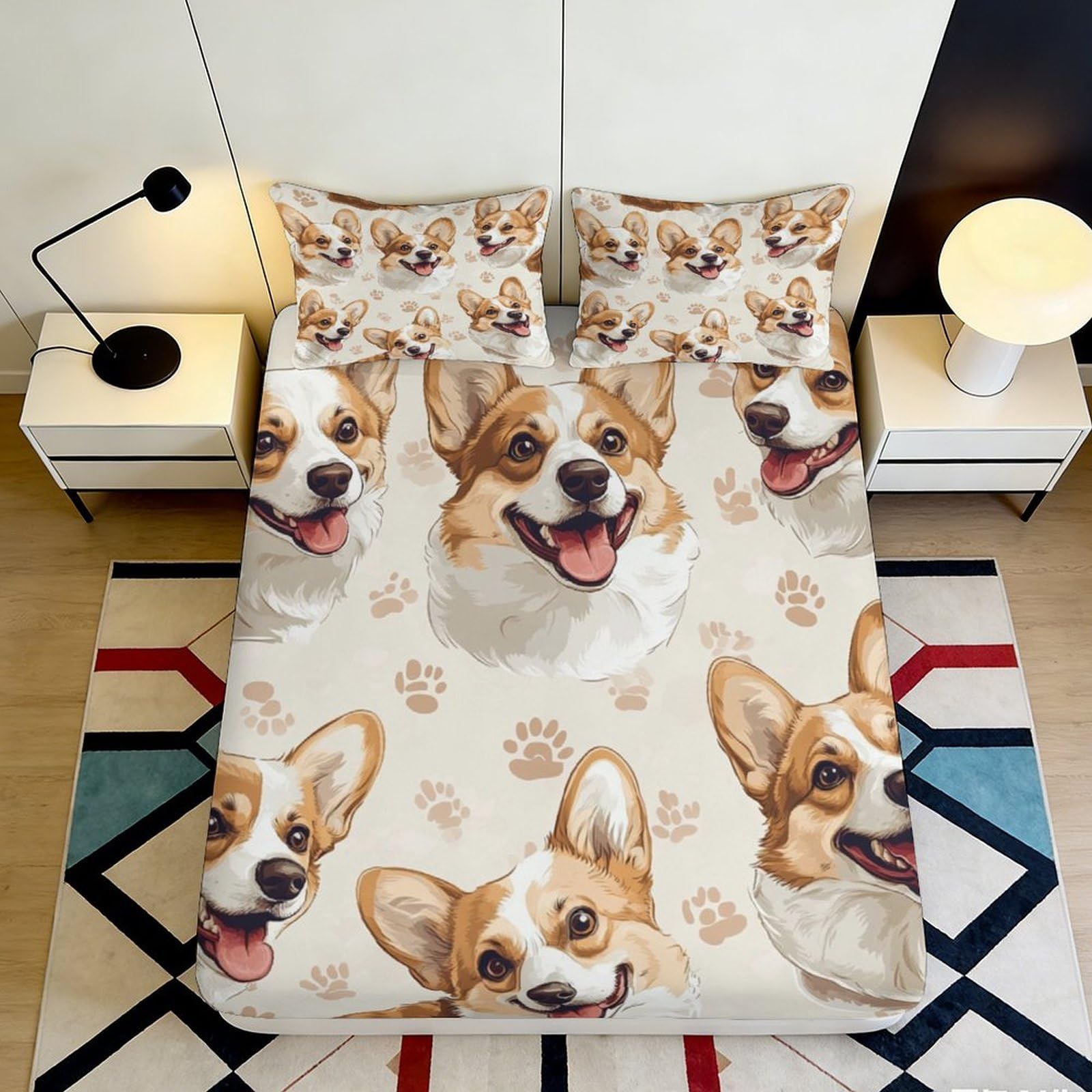 3D Printed Corgi Dog Pattern Fitted Sheet Microfiber Soft Durable Paw Print Bed Cover for Bedroom Dormitory Guest Room Mattress Protection Decor 180x200x25cm