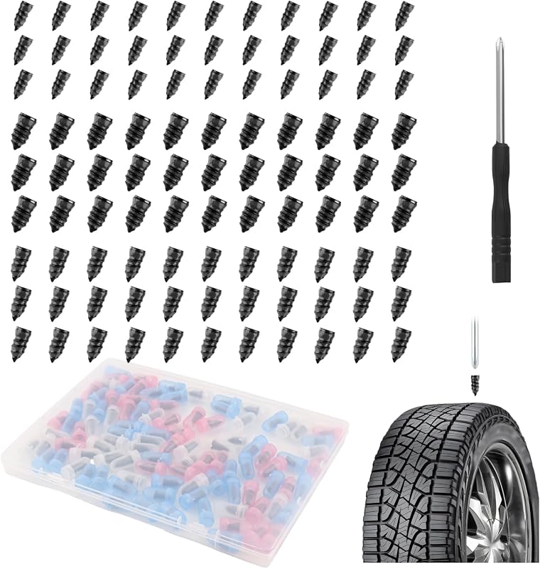 OFBAND 100PCS Tire Repair Rubber Nail Kit with 3 Sizes,Professional Vacuum Tire Plug Kit for Quick Repairs,Self-Service & Self Sealing Screw in Tires Plugs with Screwdriver & Box