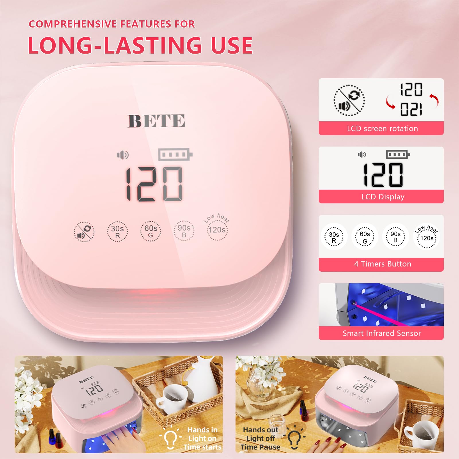 Lampade UV LED wireless BETE 60W - Asciugatore per smalto gel ricaricabile con sensore automatico, 30 perle e 4 regolazioni del timer portatile per uso domestico/salon Rosa