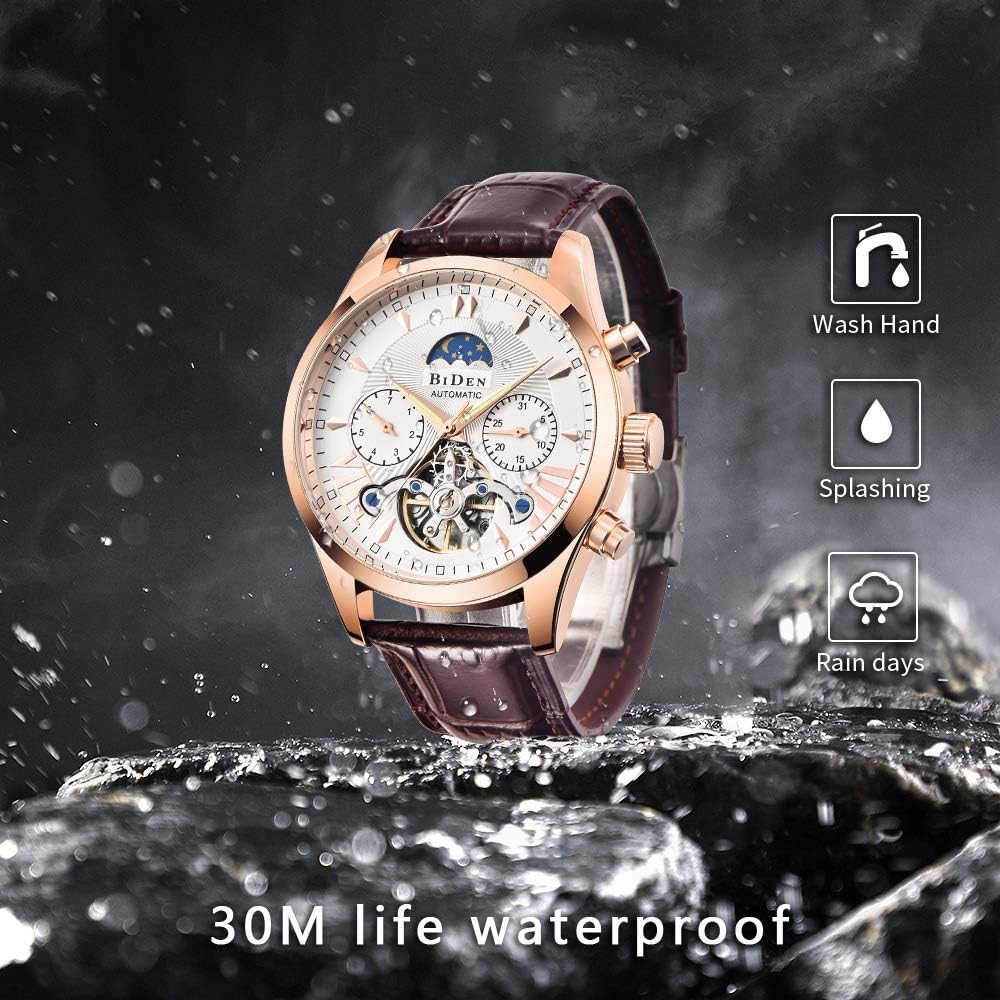 IK COLOURING Men's Leather Watch Luxury Automatic Mechanical Moon Phrase Skeleton Luminous Waterproof Hands Automatic Self-Wind Leather/Stainless Steel Wrist Watch - Image 7